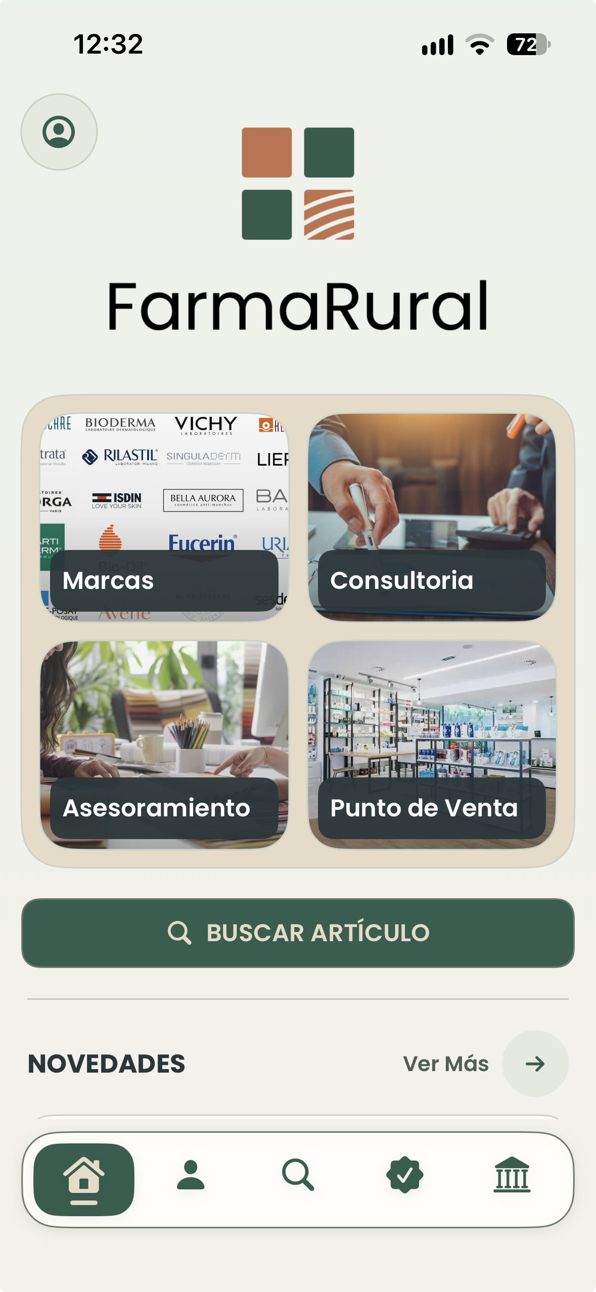 Captura de la app con la identidad de Farma Rural: marcas, consultoría, asesoramiento, punto de venta y novedades
