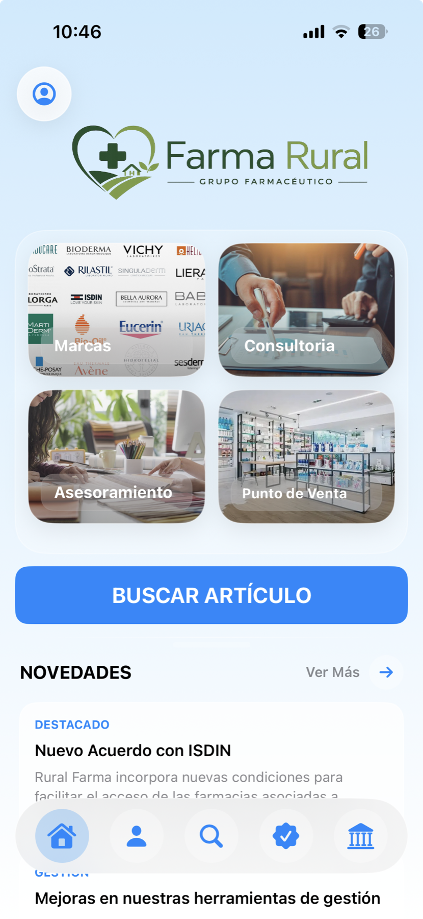Pantalla móvil del espacio Farma Rural con acceso a marcas, consultoría, asesoramiento, punto de venta y novedades