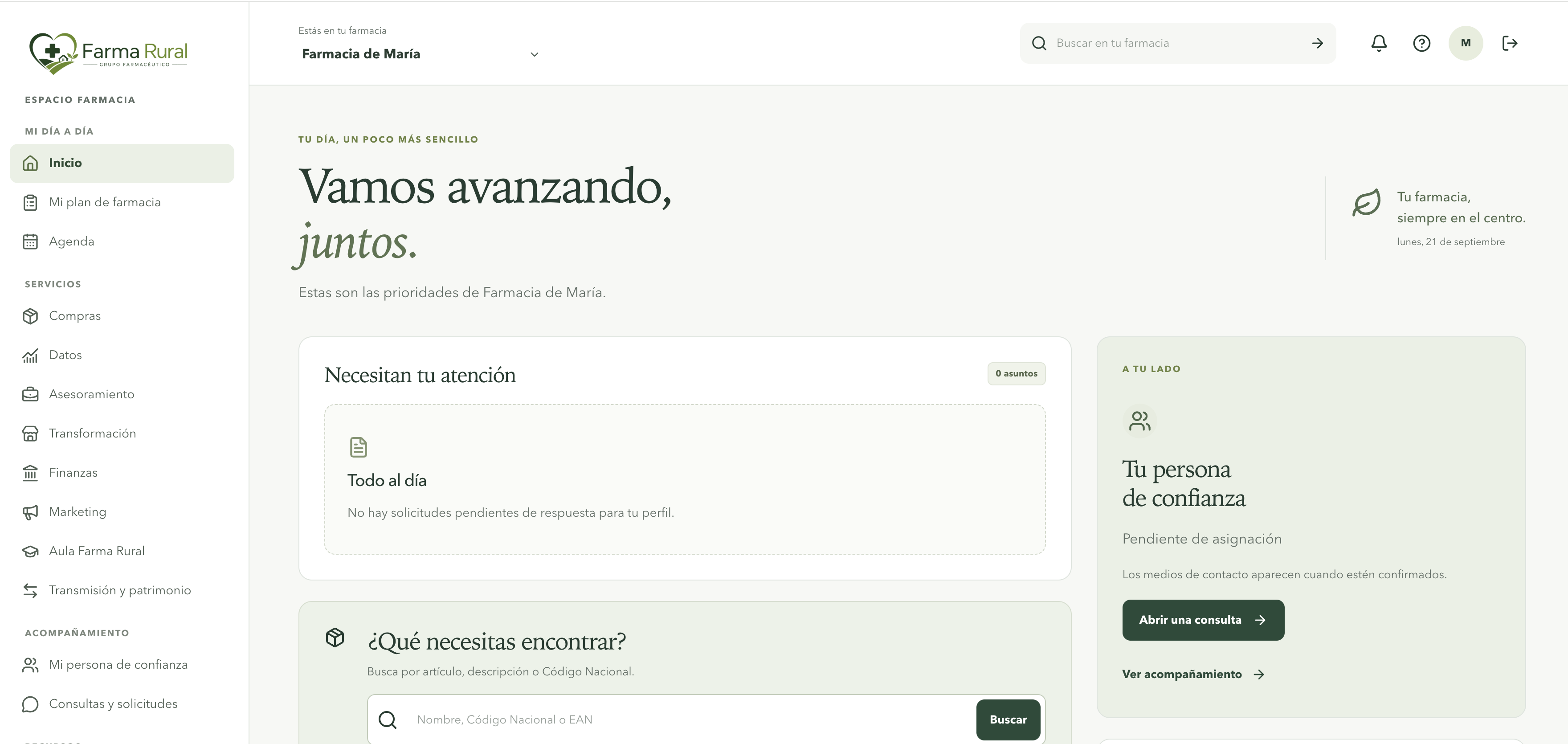 Vista del área privada de Farma Rural en ordenador, con prioridades, buscador y accesos a los servicios de la farmacia