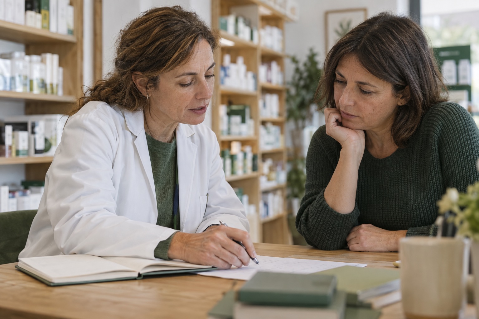 Escena conceptual de una farmacéutica y una asesora revisando juntas un cuaderno de trabajo y sus próximas acciones