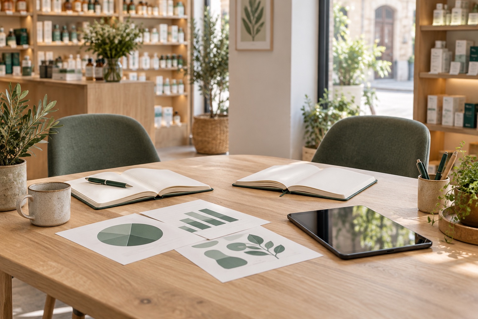 Escena conceptual de una mesa de trabajo en una farmacia, con cuadernos y material para revisar decisiones en común