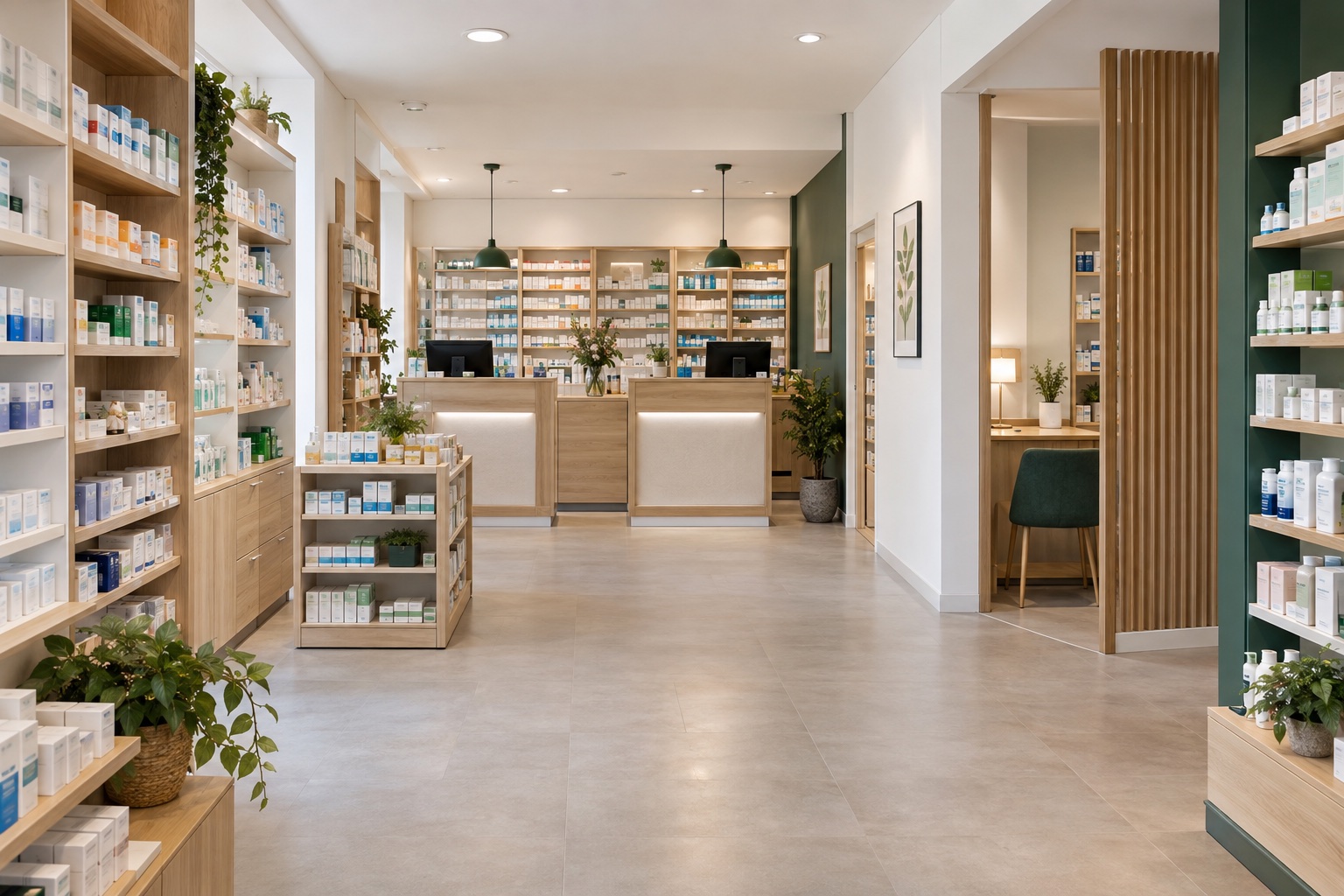 Propuesta conceptual de una farmacia con recorrido despejado, categorías organizadas, dos puestos de atención y una zona de consejo