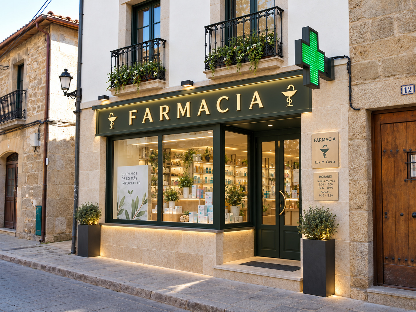 Fachada renovada, con rótulo iluminado y escaparates amplios y luminosos.