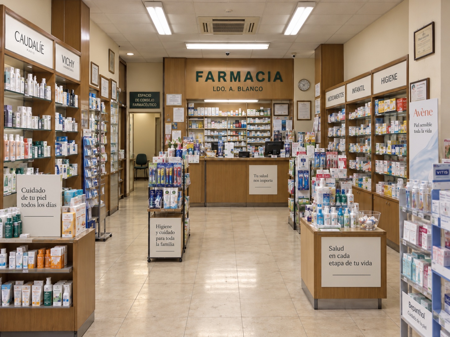 Interior antes de la reforma: estanterías de madera, iluminación fluorescente y expositores en el pasillo.