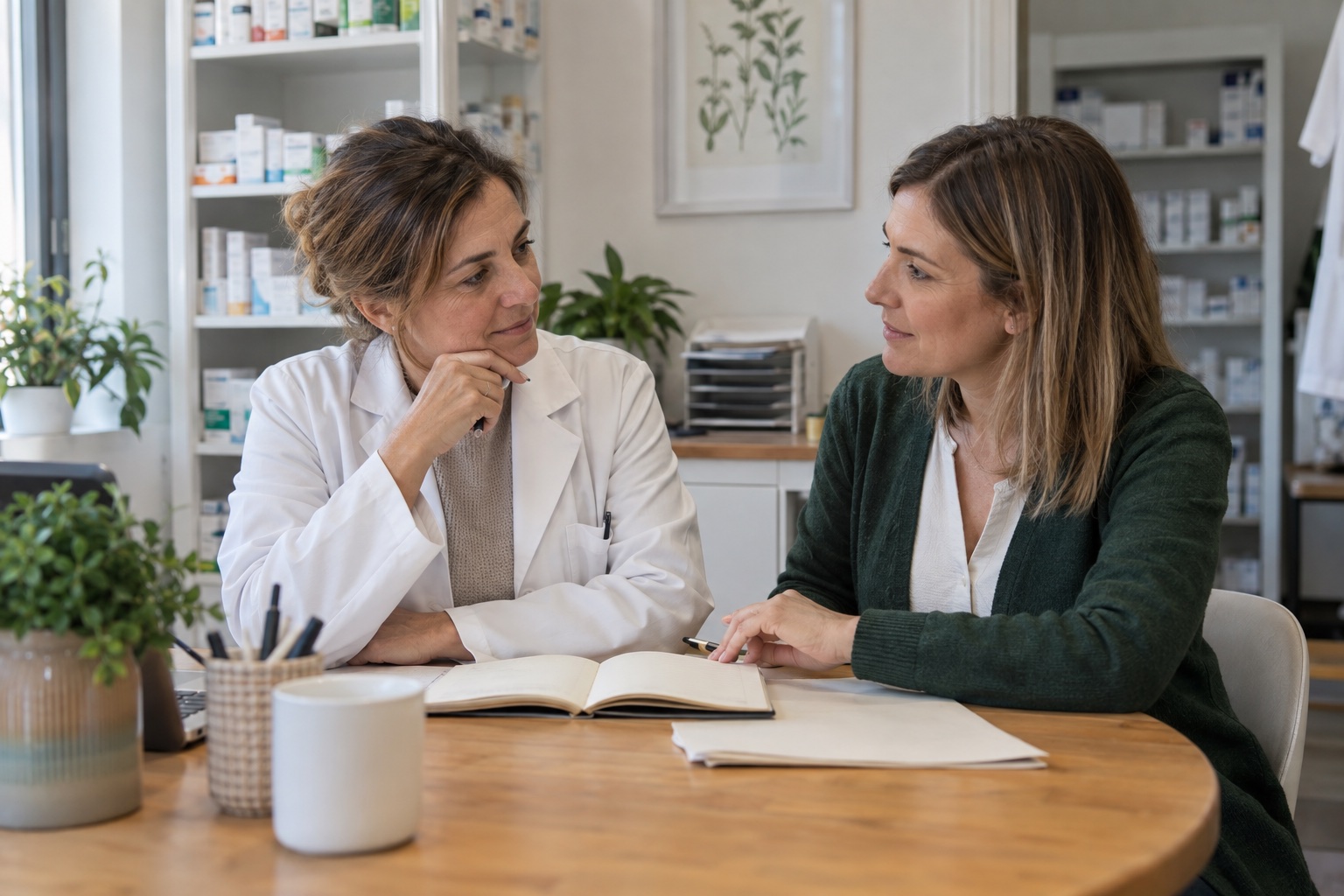 Escena conceptual de una farmacéutica y una asesora valorando juntas la siguiente etapa de su farmacia